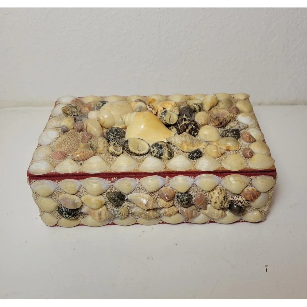 Vintage‎ Sea Shell  Trinket Jewelry Red  Felt Lining